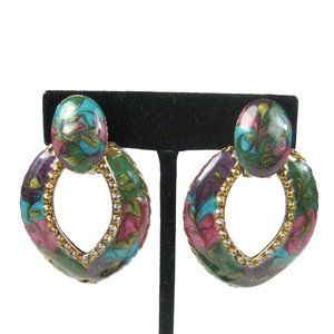 Enamel Dangle Clip On Earrings Goldtone  1980 1990 Vintage 2 inch